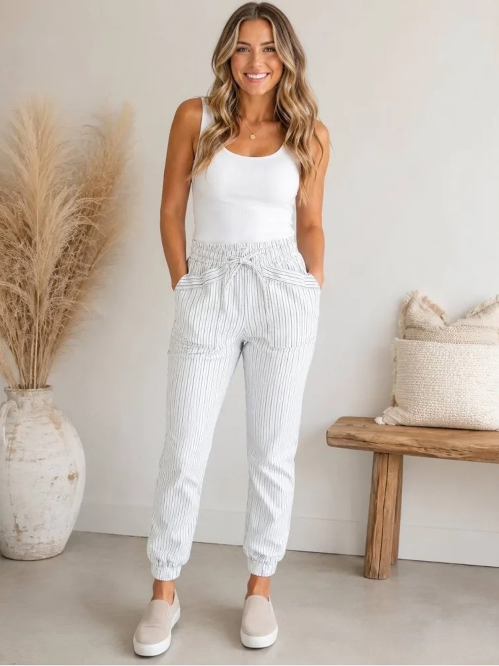 Loft Pull On Jogger Pants - White with Blue Pin Stripes